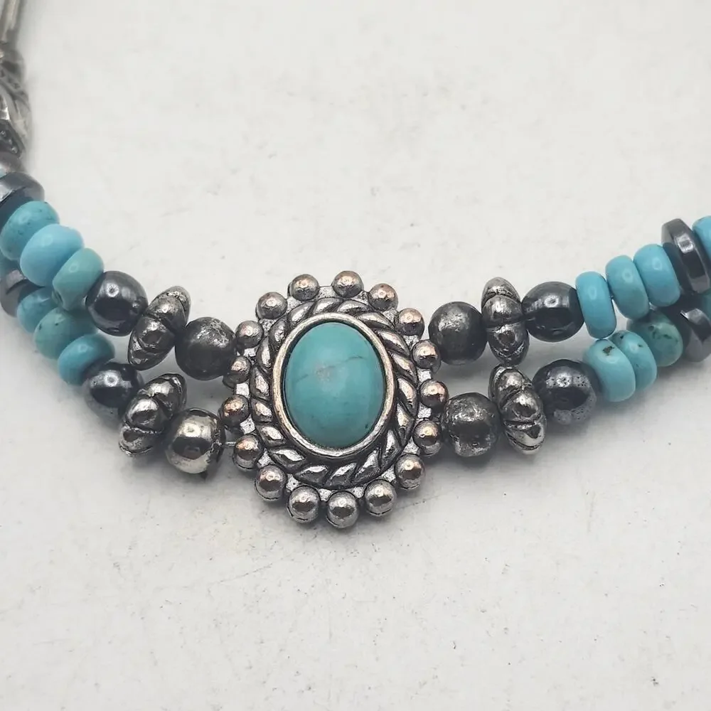 Turquoise Color Beaded Bracelet Silver Tone Boho Southwestern Cuff Lobster 7